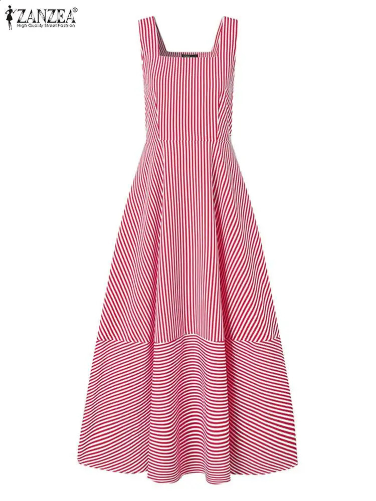 Bohemian Holiday Sun Skirt ZANZEA Summer Elegant Long Skirt Womens Chic Striped Robe Long Sleeve Beach Party Sleeveless Dress 250121