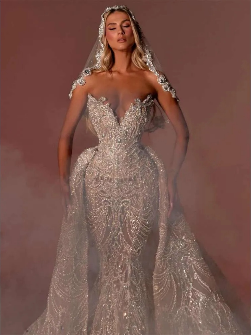 Luxury Mermaid Wedding Dress Beading Crystal Sequins Strapless Bride Gown Lace Detachable Sweep Train Bridal Dresses Customized