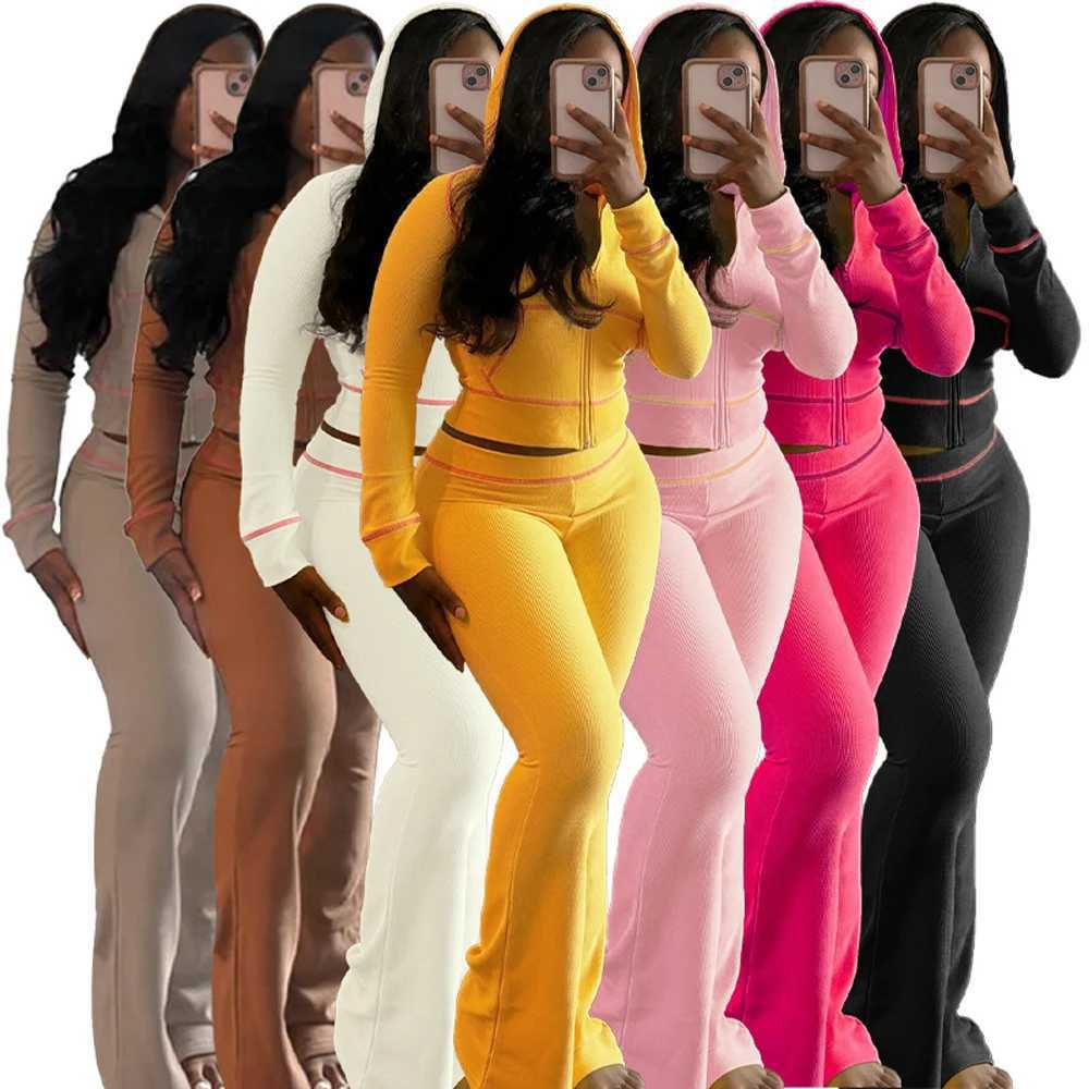 Women's Two Piece Pants Waffle Striped Women Outfits Hooded Tops and Flare Pants Suits 2024 Fall Lounge Wear Strt Baddies Tracksuit 2 Two Piece S