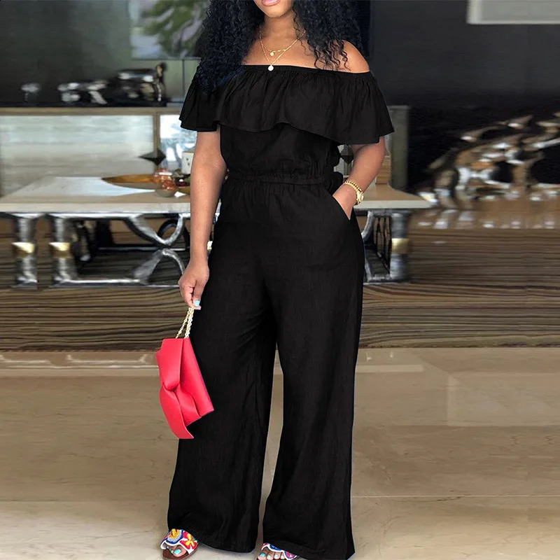 Plus Size Jean Jumpsuit Female Off Shoulder Denim Cloth Women One Piece Outfit Casual Wide Leg Pant Autumn Elegant Jumpsuit 250113