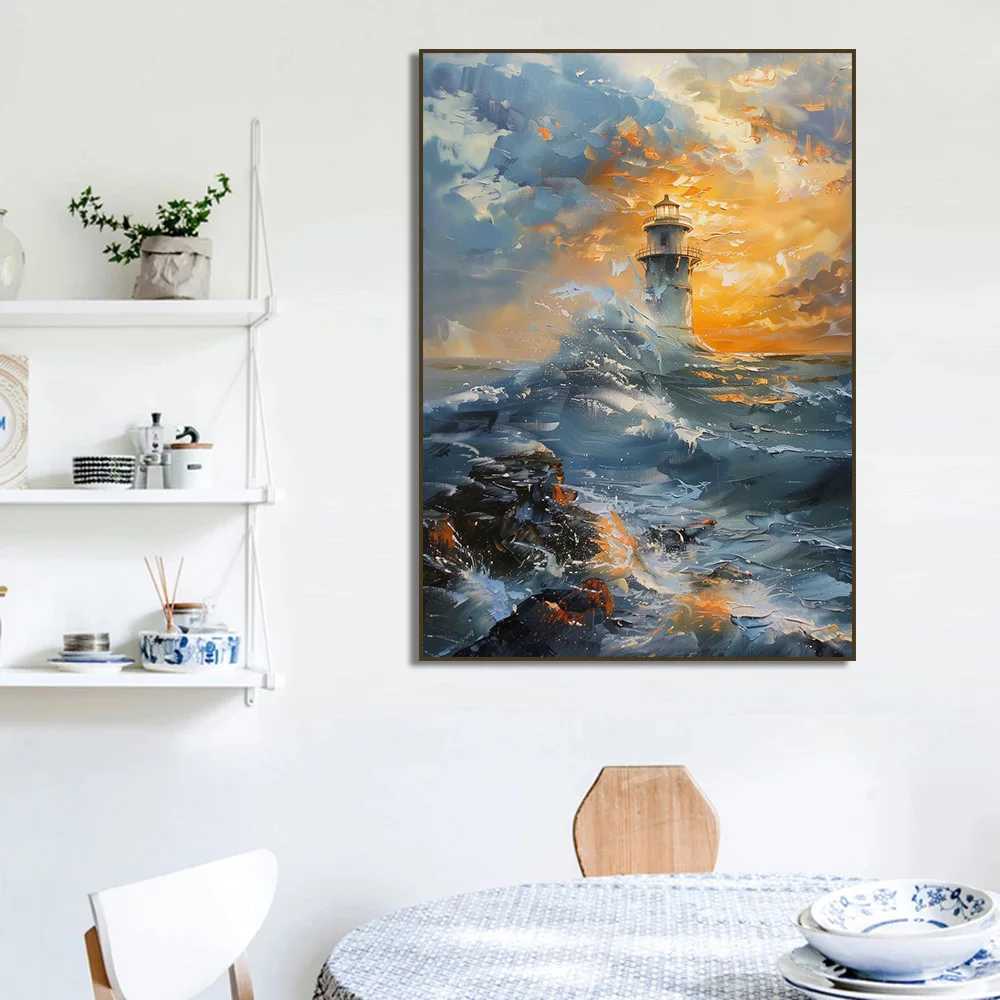 Lighthouse Storm Sunset Poster Print Flower Waves Boat Sea Ocean Canvas Painting for Living Ro He Decor Cuadros Y250122