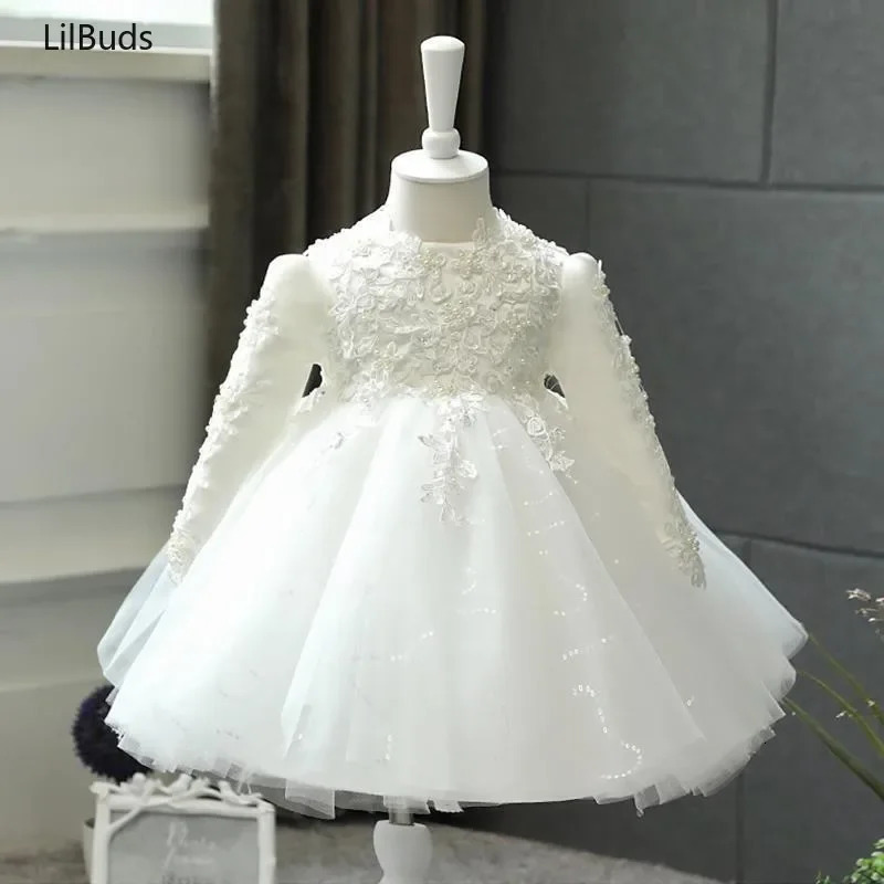 One Year Old Baby Birthday Princess Dress Flower Girl Wedding Kids Children High-End Long Sleeve White Spring And Autumn 250113