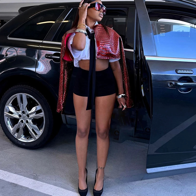 Womens O Neck Long Sleeve PU Faux Leather Cropped Jackets Punk Grunge Casual Coats Spring Fall Harajuku Y2K Clothes 250118