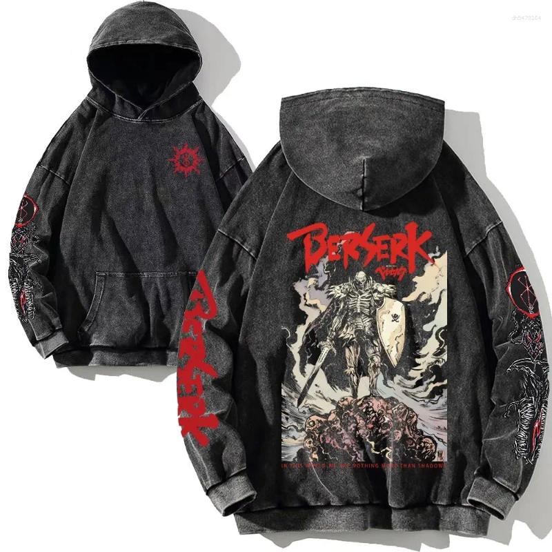 Men's Hoodies Support Custom Anime Berserk Washed Vintage Black Cotton Gothic Sweatshirts Casual Pullover Hip Hop Sportswear