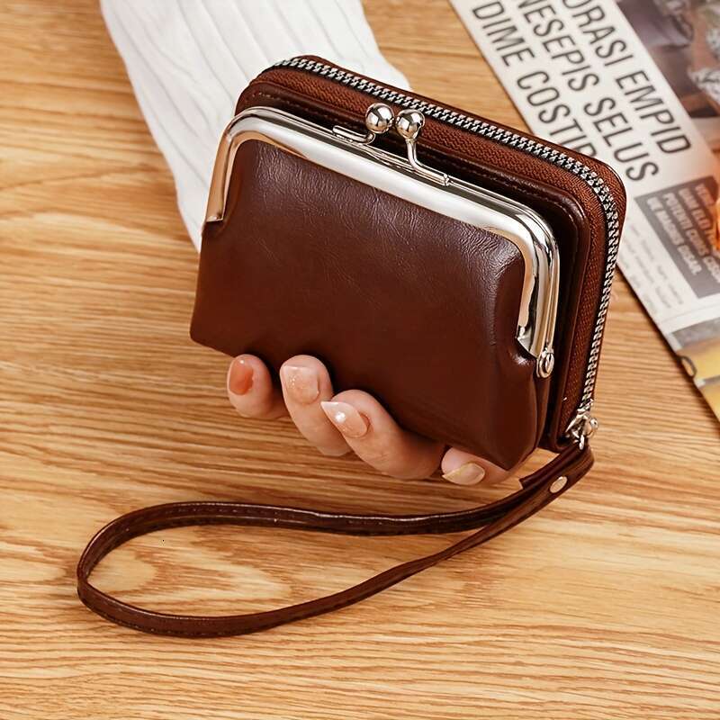 Mini credit card holder, retro kiss button coin purse, women's fashionable wallet and wrist bag