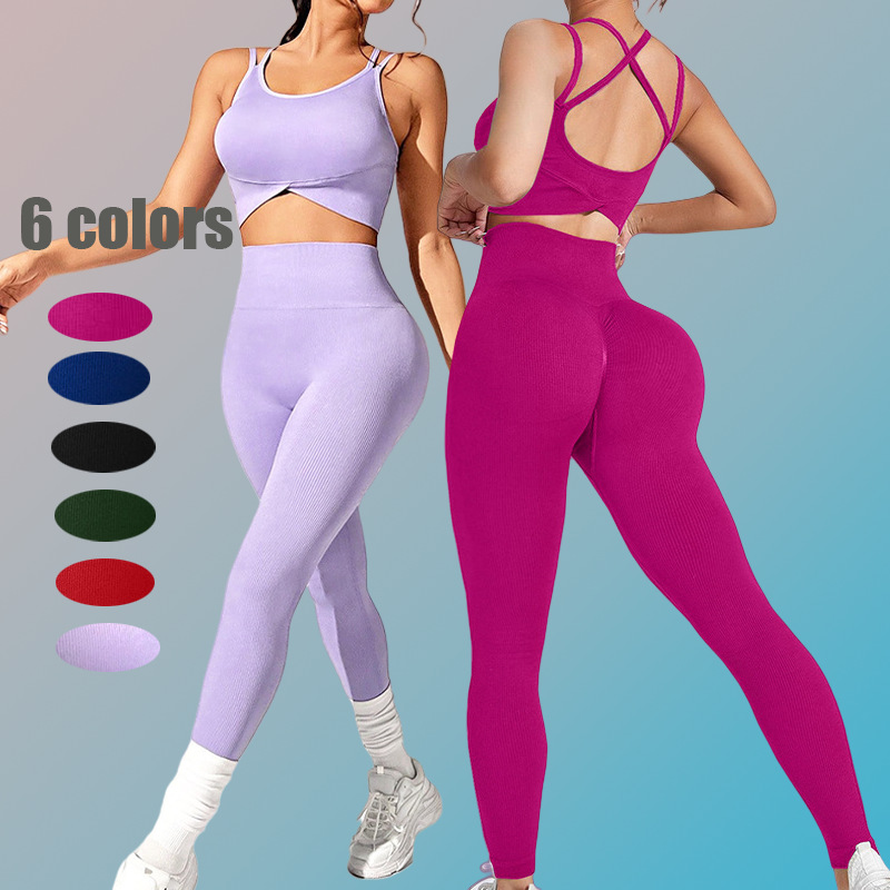 Trendy women's high-quality 6-color threaded cross waist bra peach hip pants seamless slim fit yoga suit sexy fitness and sports set