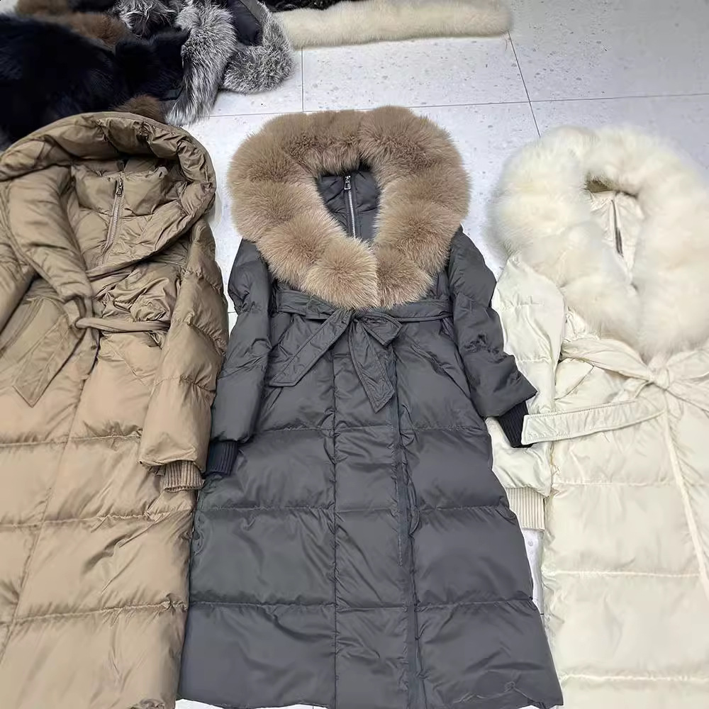 Fox fur big fur collar down jacket extended hooded winter style slimming waist cinched knee high thick womens jacket 211207