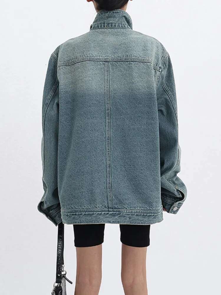 SHENGPALAE Fashion Women's Denim Coat Turtleneck Single Breasted Full Sleeve Patchwork Versatile Jacke Autumn 2023 New 5R4436