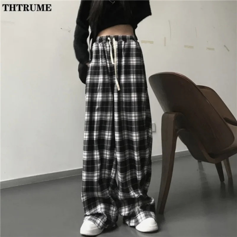 Fashion Oversized Drawstring Baggy Pants Women Black Plaid High Waist Unisex Hip Hop Pant Casual Loose Sweatpants Chic Trousers 250122