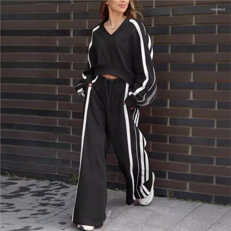 Women's Two Piece Pants Spring Set For Women 2025 In Matching Sets Fashion Long-sleeve V-neck Short Tops Casual Loose Wide Leg Suits