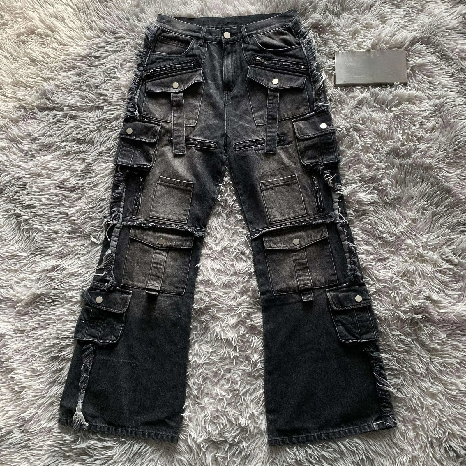 Heavy Industry Punk Multi-Pocket Harajuku Washed Jeans Womens High Waisted Baggy Jeans Mens Y2K Hip-Hop Wide Leg Pants 250109