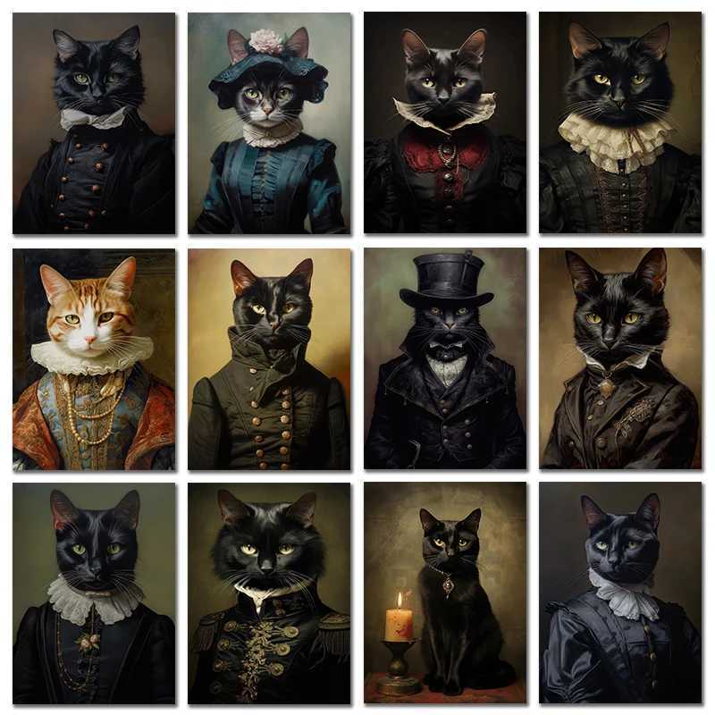 Vintage Renaissance Cat Portrait Black Cat Victorian Gothic Poster Canvas Painting Wall Art for Living With Frameless Decor Y250122