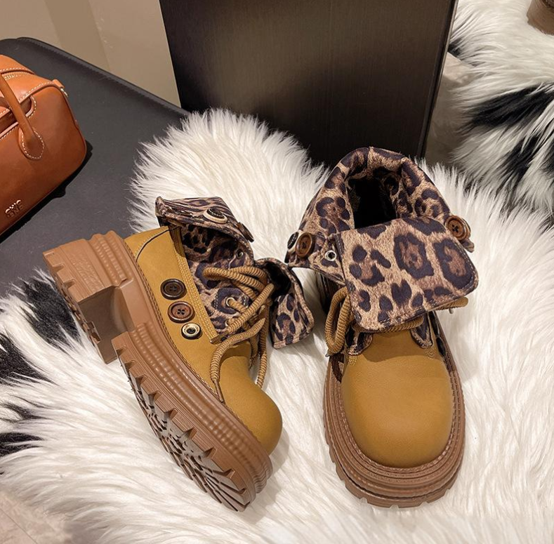 Women Boots Fashion Design Leopard Printing Thick Sole Versatile Triple Coffee hot Light Tan Free shipping