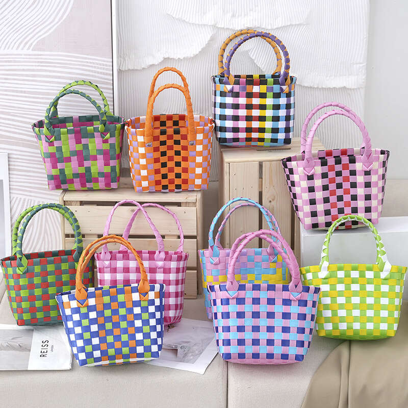 Colorful Mini Woven Vegetable Basket Bag, Carrying Basket, Children's Handbag, Contrasting Checkerboard Grid Beach Bags