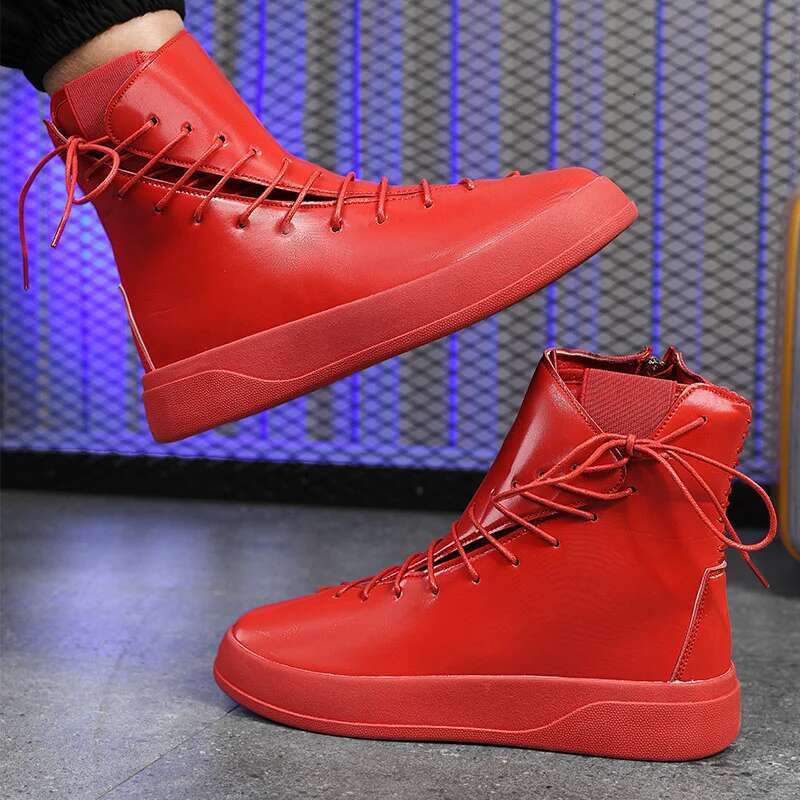 Trendy Red Mens Fashion Lace-up Sneakers for High Top Casual Flat Hip Hop Designer Shoes Men chaussure hommes