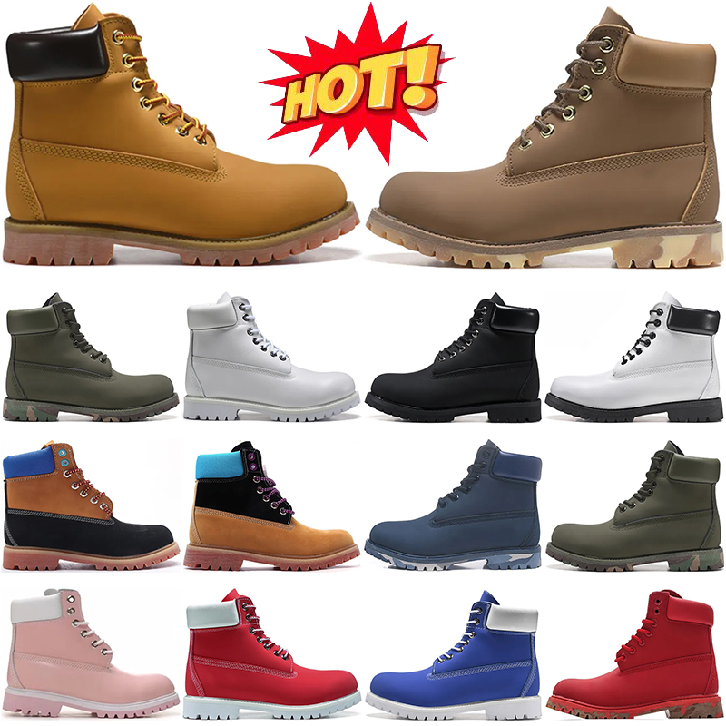 Designer Boots for Men and Women, Wheat Black Ankle Boots, Outdoor Sports Sneakers in Red, White, Pink, Olive Camo, Brown, Navy Blue