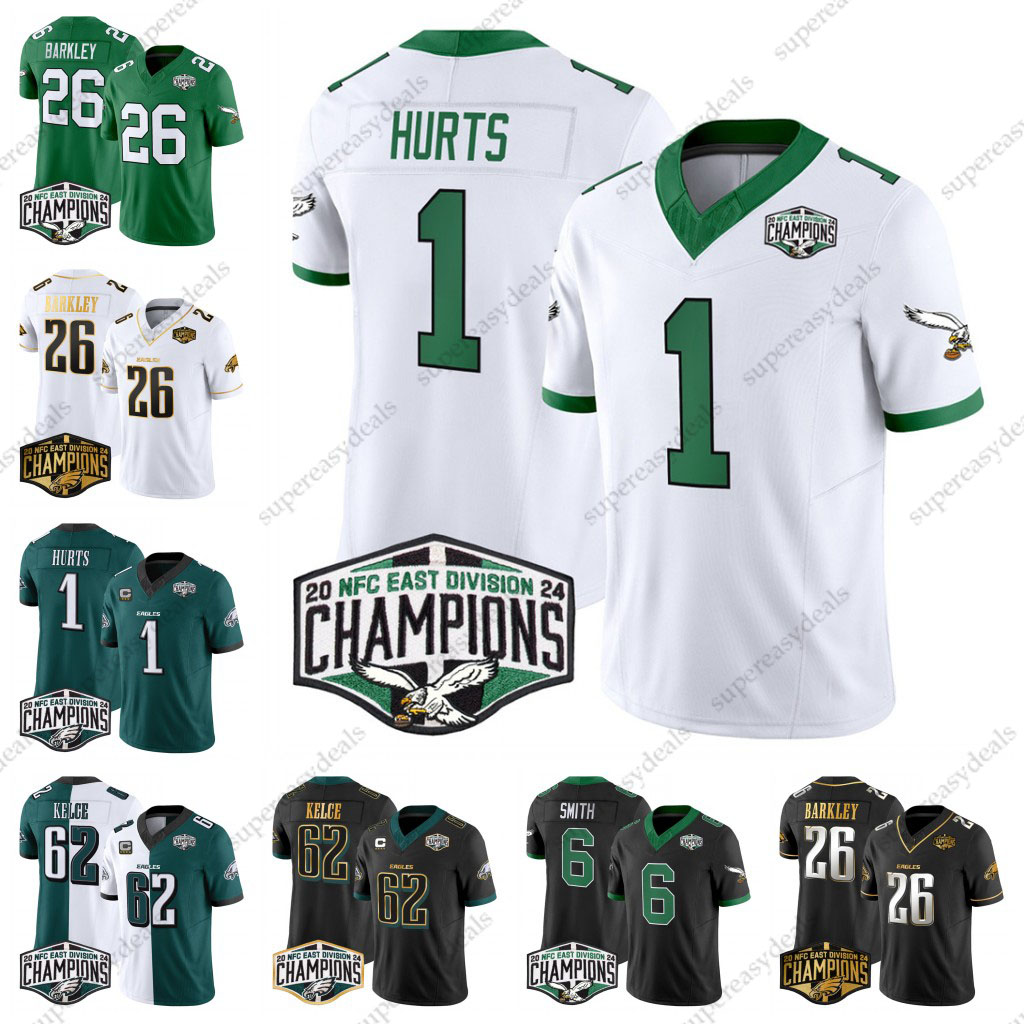 26 Saquon Barkley Kelce Hurts 2024 Eaglse Champion Green AJ Brown DeVonta Smith Brian Dawkins Nolan Haason Reddick Darius Football Jerseys Custom Brown Swift Men