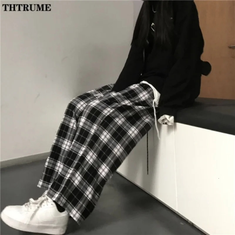 Fashion Oversized Drawstring Baggy Pants Women Black Plaid High Waist Unisex Hip Hop Pant Casual Loose Sweatpants Chic Trousers 250122