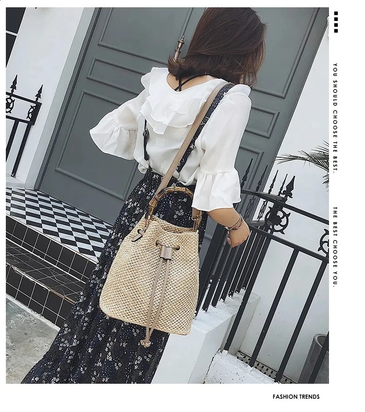 Female Summer Handmade Woven Shoulder Messenger Bags Women Drawstring Straw Bucket Bag Ladies Shopping Purse Beach Bags Handbags 250121