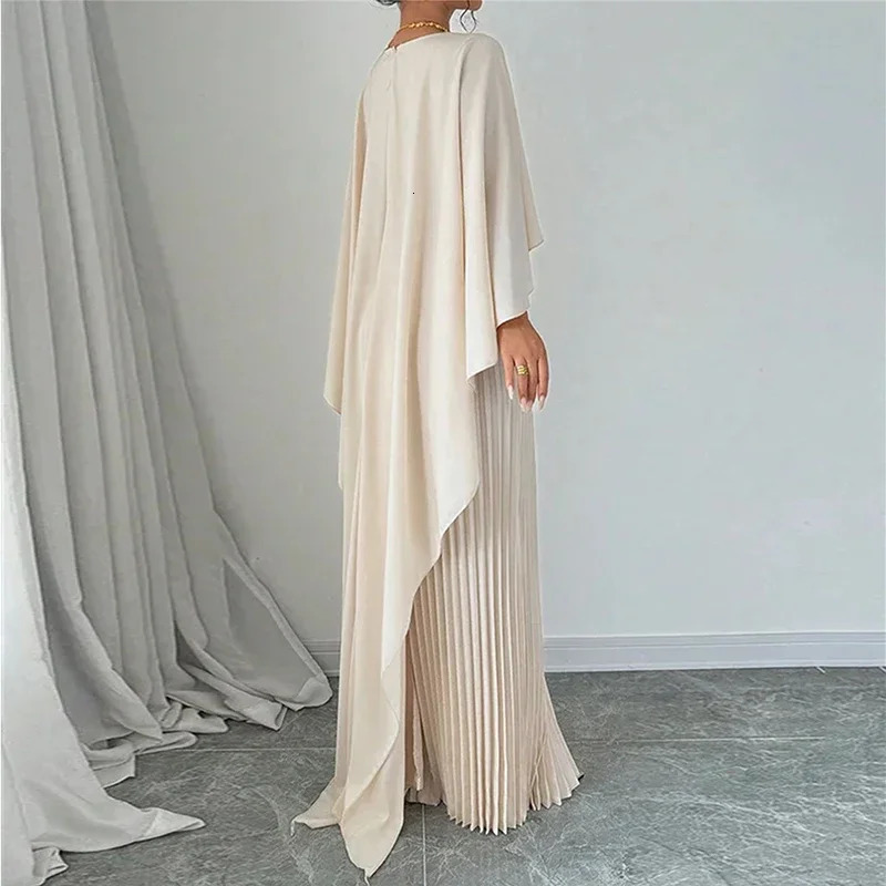 Women Elegant Crew Neck Irregular Shawl Vest Pleated Dresses Autumn Solid Color Cloak 2 Piece Set Loose Evening Gown Vacation 250113