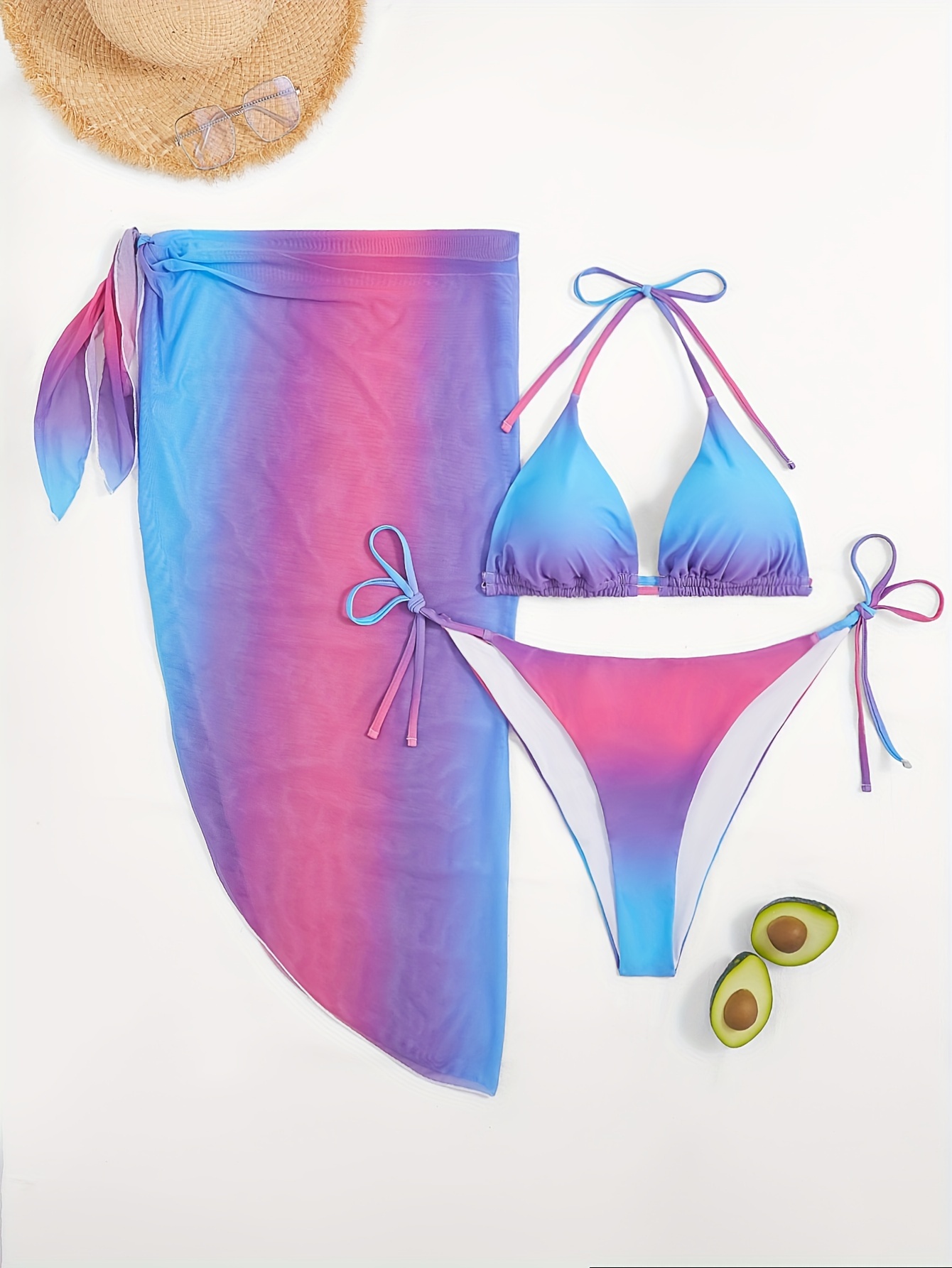 3pcs Tie Dye Bikini Set Swimsuit, Tulle Cover Up With Bra & High Waist Bikini Shorts, Cover Ups For Swimwear Women Plus Size