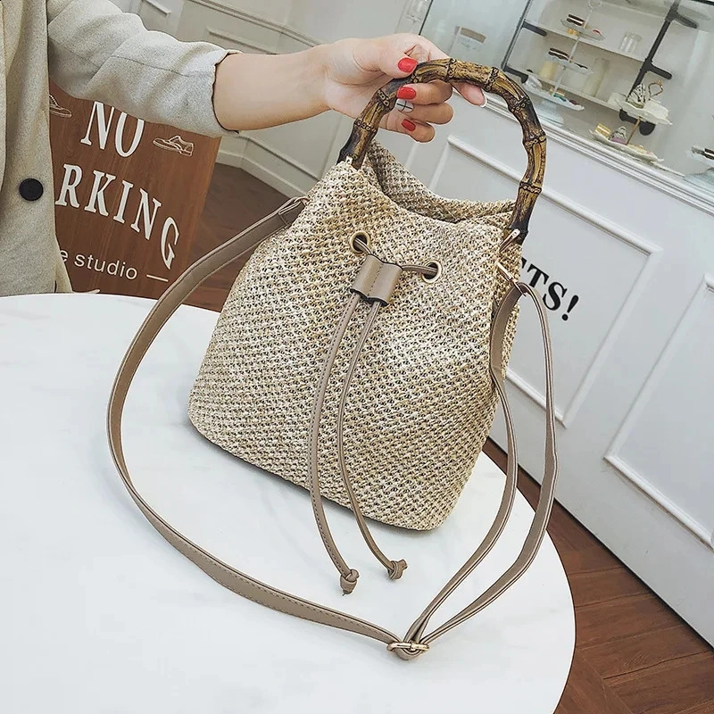 Female Summer Handmade Woven Shoulder Messenger Bags Women Drawstring Straw Bucket Bag Ladies Shopping Purse Beach Bags Handbags 250121