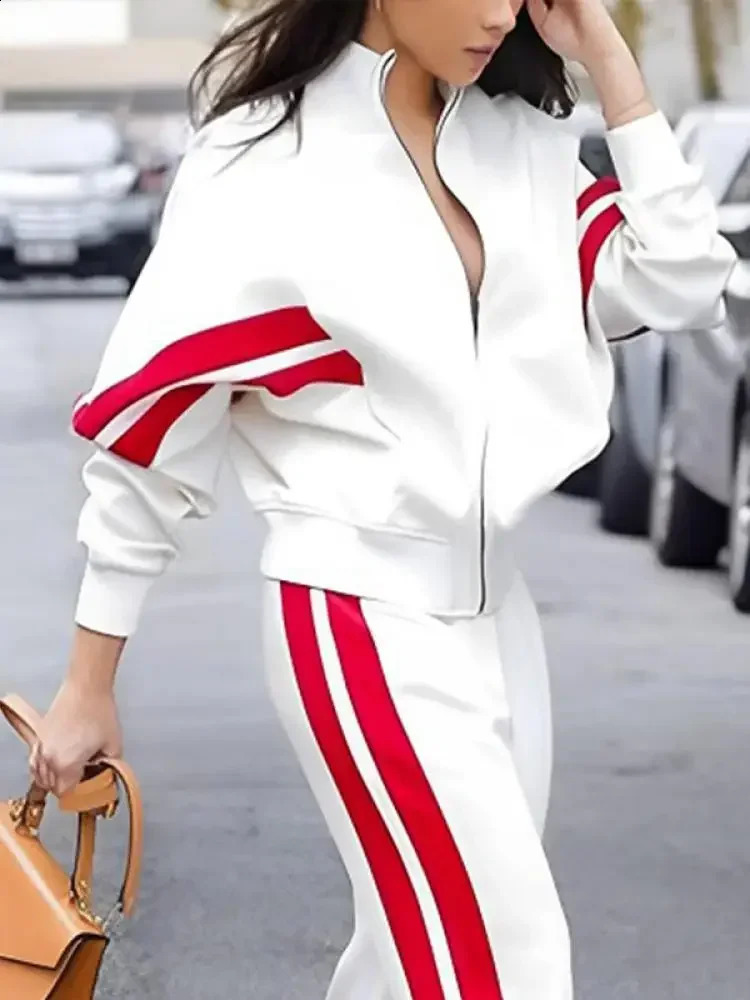 Freeacy Womens 2024 Casual Suit High Neck Zippered Loose Fit Jacket Outwear and High Waist Side-striped Pants Sports Set250120