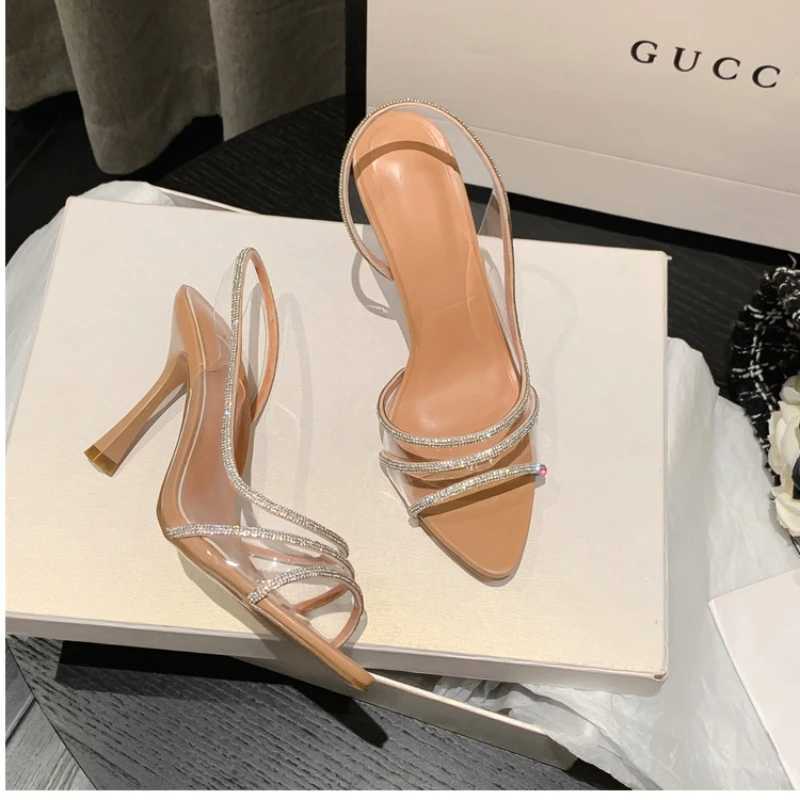 Wens 2023 New Summer New Open-Toe High-Heeled Fine Heel Rhinestone Temperament Celebrity Hot One-Strap Sandals Traf Z250122