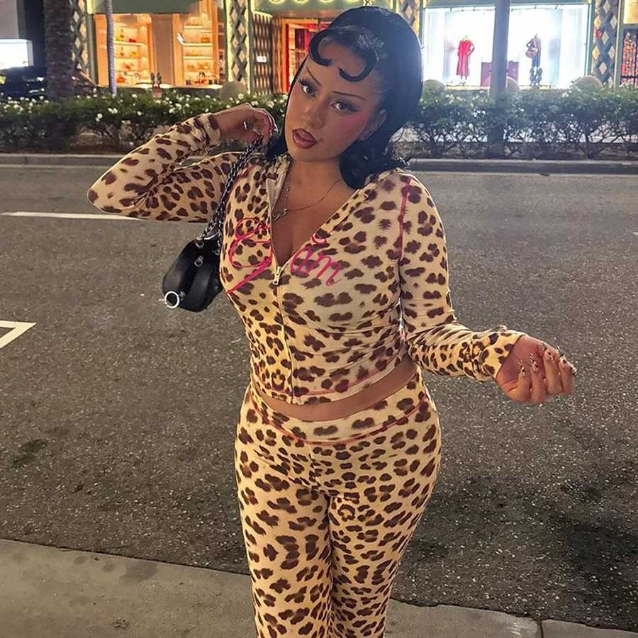 Women's Two Piece Pants Leopard Print Womens Set Lounge Wear 2 Piece Flare Pant Set H25121