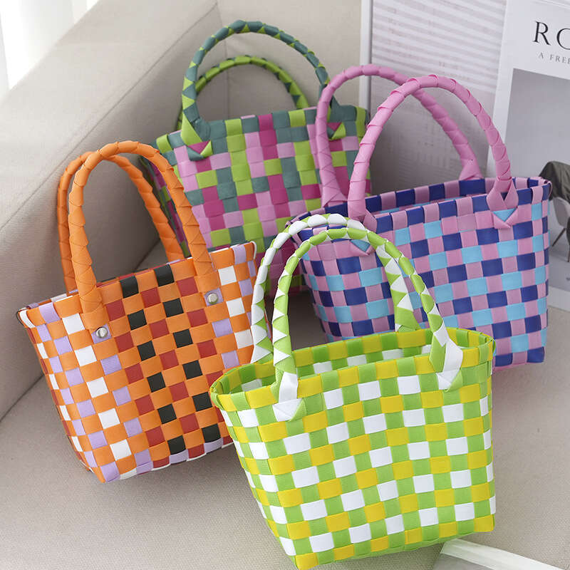Colorful Mini Woven Vegetable Basket Bag, Carrying Basket, Children's Handbag, Contrasting Checkerboard Grid Beach Bags