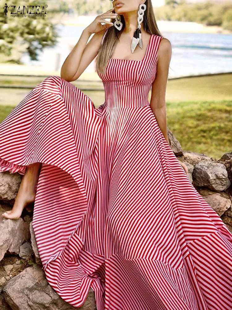Bohemian Holiday Sun Skirt ZANZEA Summer Elegant Long Skirt Womens Chic Striped Robe Long Sleeve Beach Party Sleeveless Dress 250121
