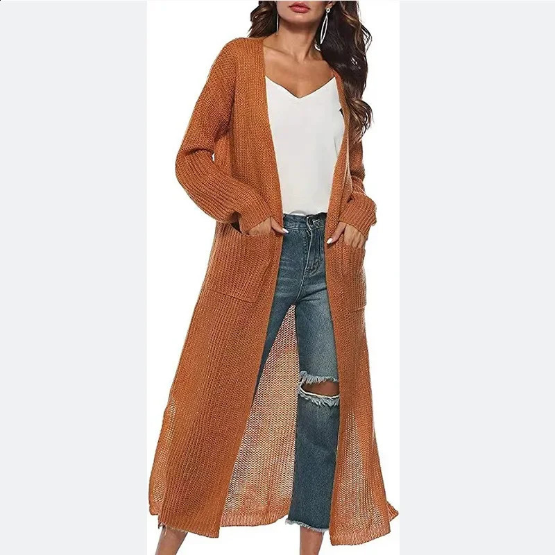 Women Solid Color Loose Cardigan Knitted Sweater 2023 Autumn Winter Coat Long Sleeve Pocket 250109Z