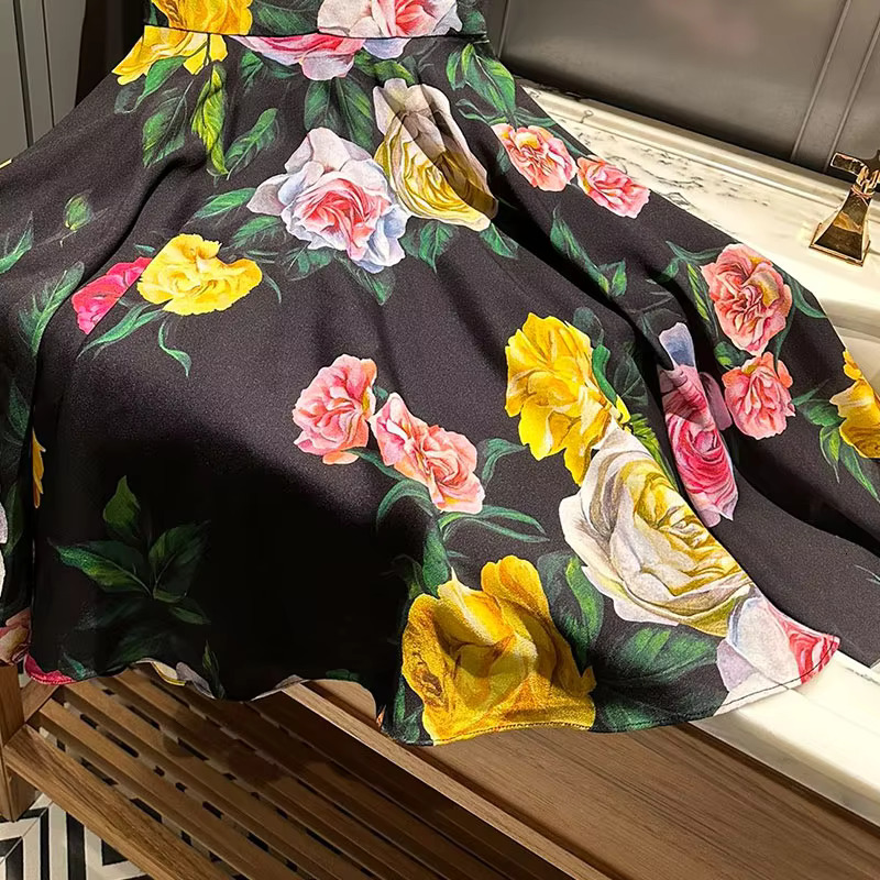 Women's Printed Silk Sleeveless Pleated Dresses Fashion Top Quality Elegant V-Neck Waist Up Flora Design Knee Length Vestdios Spring Luxury Brand