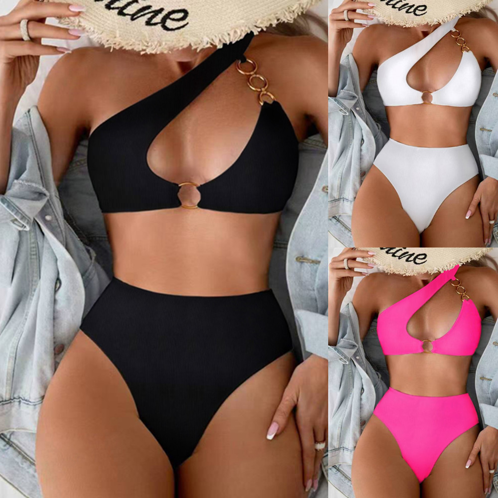 Women O-Ring Cutout Bikini Set Fashion One Shoulder Bikinis Ribbed Swimsuit Solid Colors Female Pool Bather High Waist Swimwear Two Piece Bathing Suit