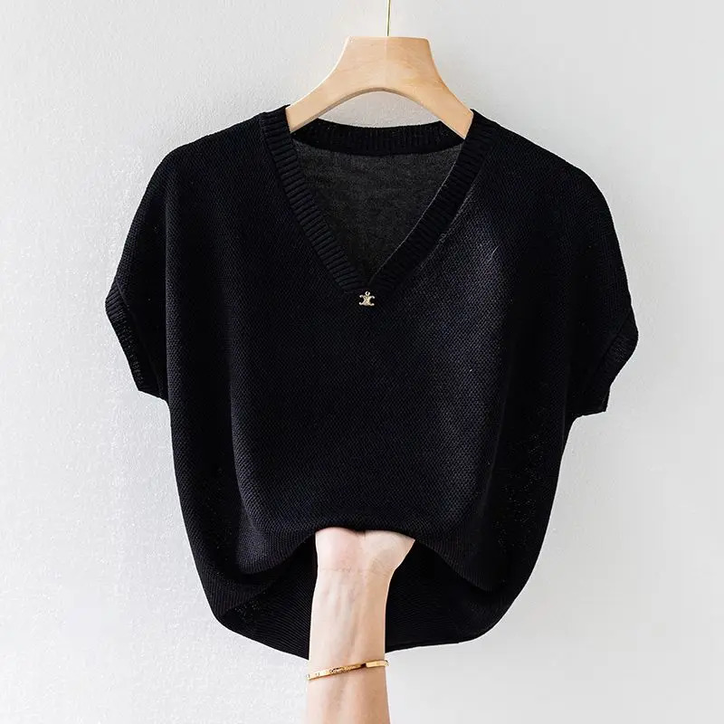 Summer Ice Silk Short Sleeve Tshirt Womens Loose Outwear Korean Solid Vneck Youthful Vitality Fashion Vintage Knit Thin Top 250120