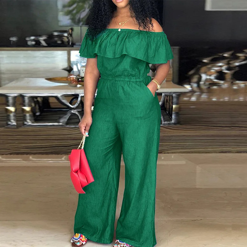 Plus Size Jean Jumpsuit Female Off Shoulder Denim Cloth Women One Piece Outfit Casual Wide Leg Pant Autumn Elegant Jumpsuit 250113