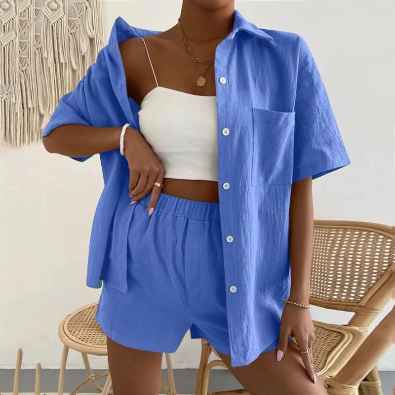 Womens Tracksuits Plus Size Vacation Beach Short Pant Suit Womens Casual Solid Color Summer Shorts And Shirt Top Two Piece Sets Outfits
