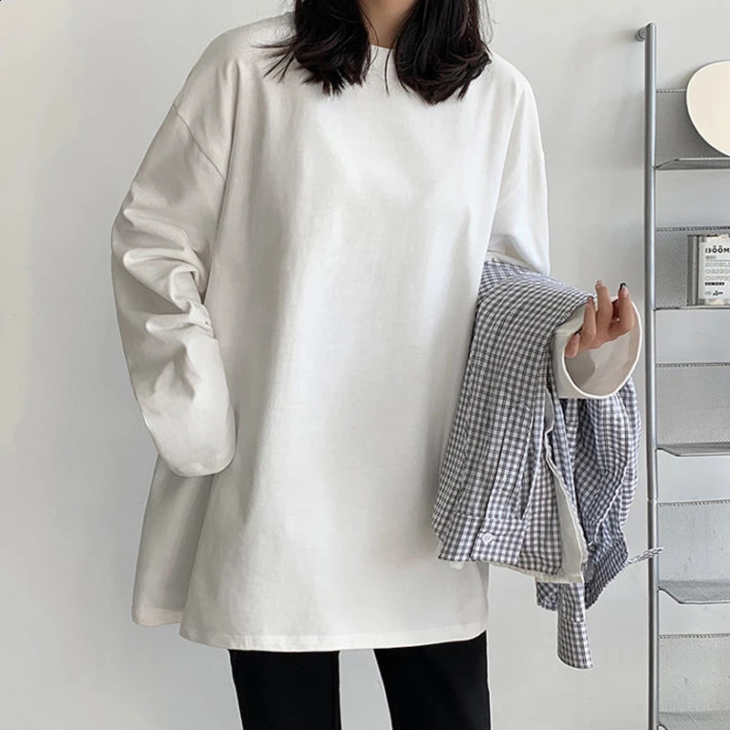 Women Long Sleeve Cotton O-Neck T-ShirtCasual Loose Tops Solid Color Pullover Tee Shirts 250121