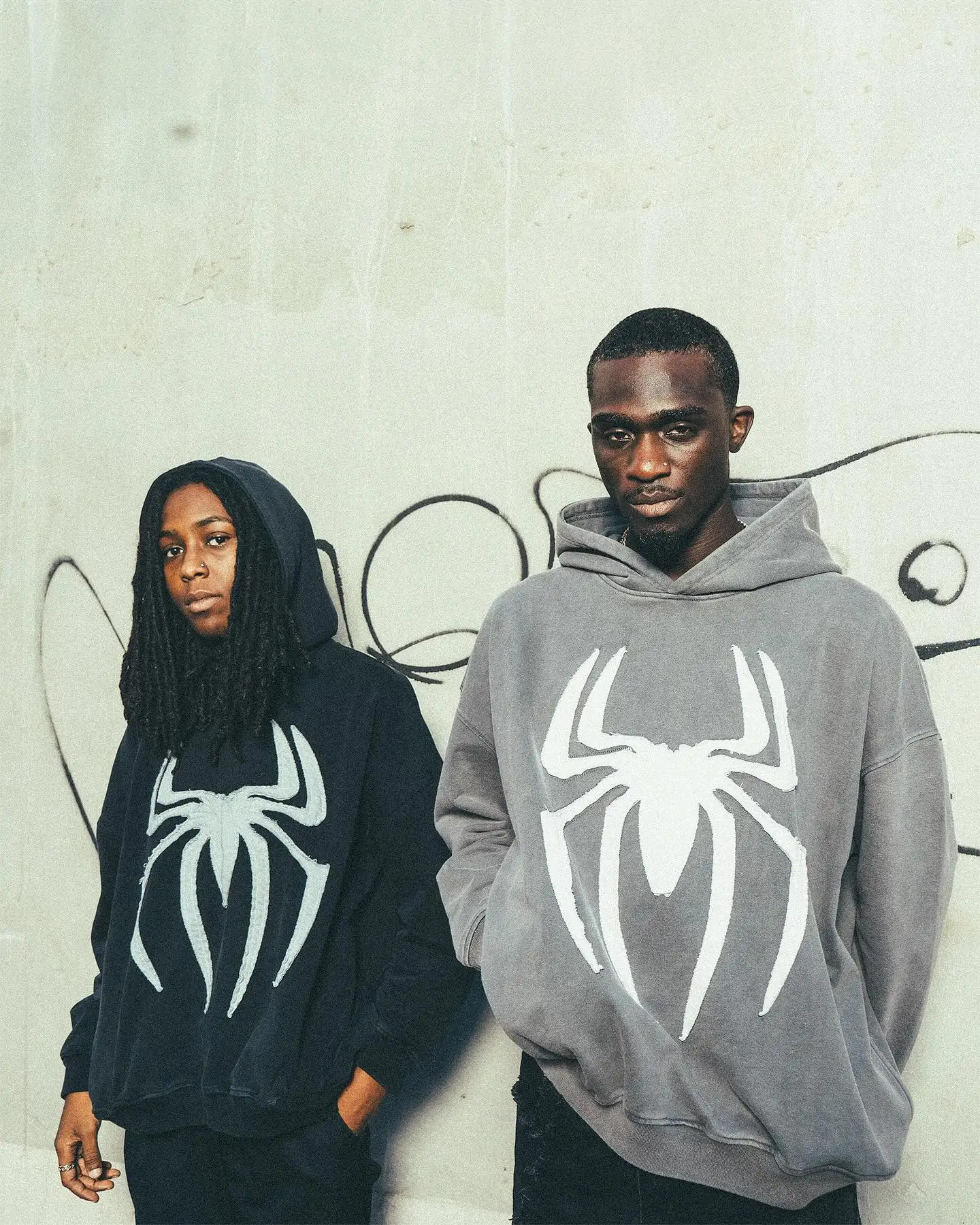 Grey Black Gothic Big Spider Pattern Patchwork Hooded Pullover Y2k Retro Loose Men Women Hip Hop Hoodie Jacket Street Sweatshirt 250110