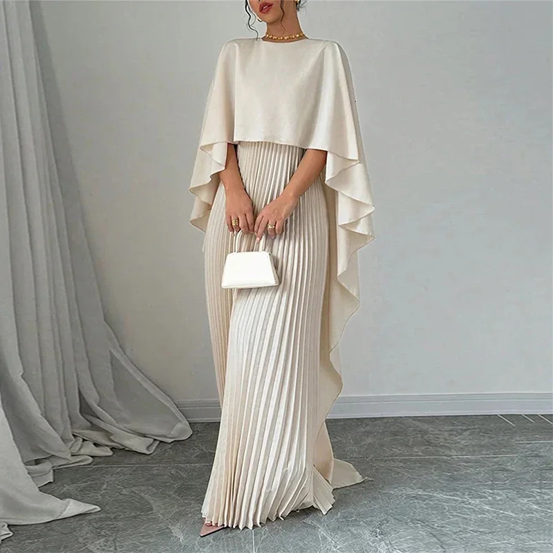 Women Elegant Crew Neck Irregular Shawl Vest Pleated Dresses Autumn Solid Color Cloak 2 Piece Set Loose Evening Gown Vacation 250113