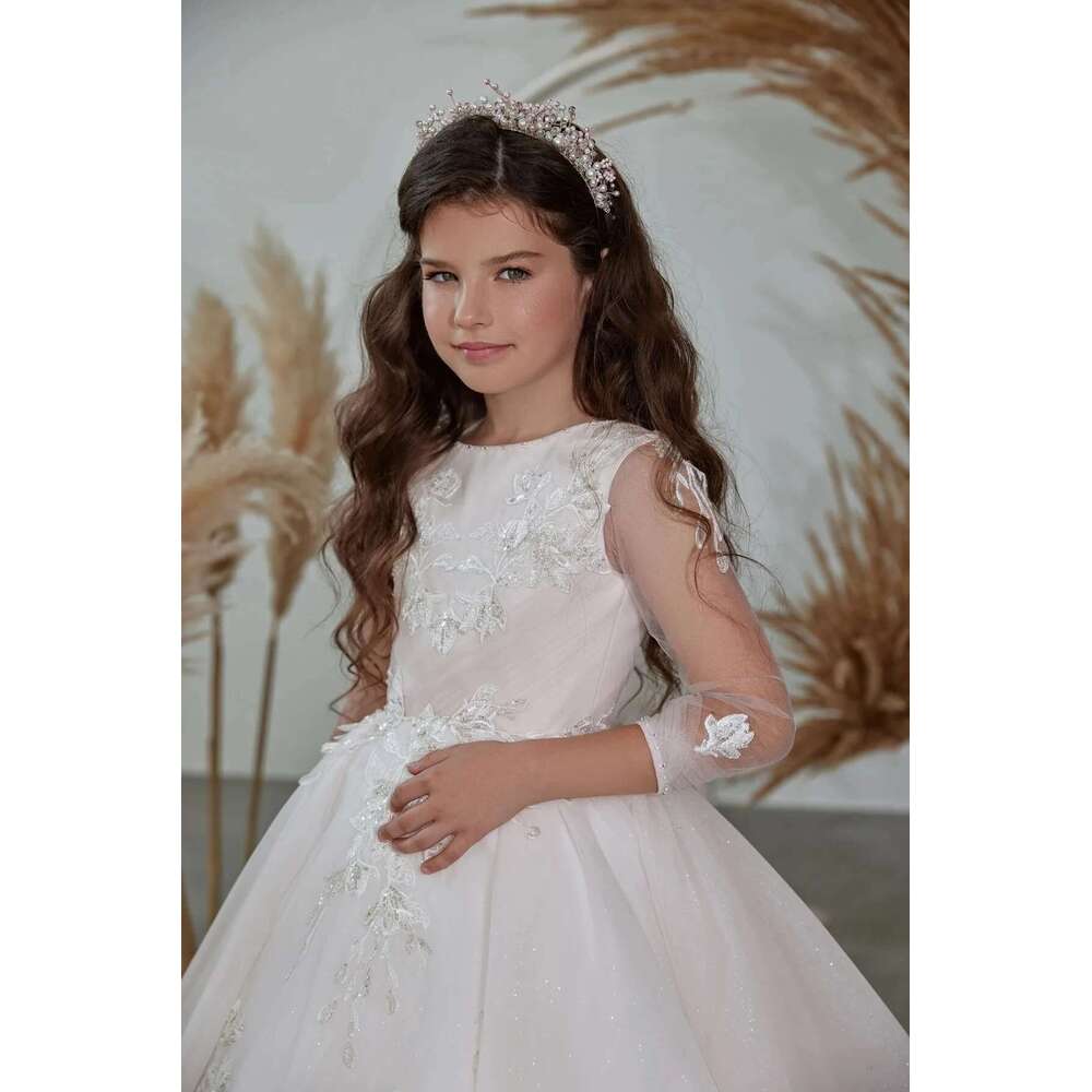 3/4 Sleeves Wer Girl For Weddings Ball Gown Tulle Appliques Beaded Long First Communion Dresses Little Customized 6660311
