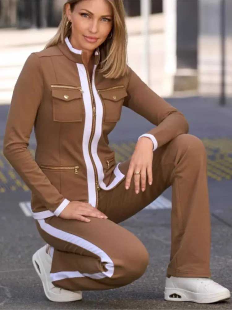 Women's Two Piece Pants Autumn and winter new solid color casual two-piece elegant womens ultra-thin simple zipper top straight sports pants set 
