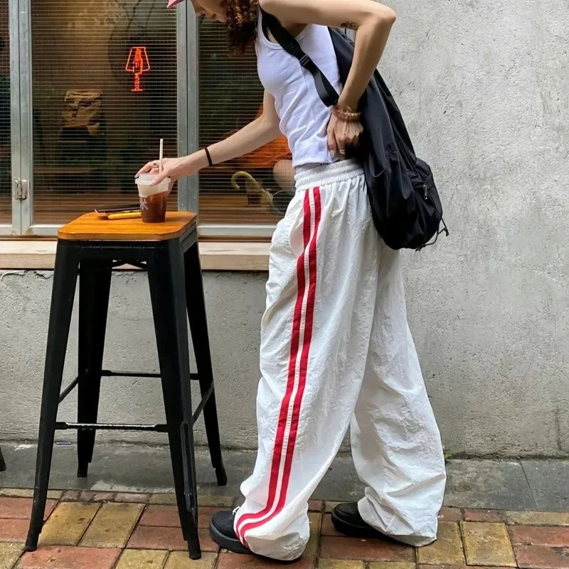 Y2K Vintage White Sweatpants Women Streetwear Hip Hop Quick Dry Yellow Joggers Oversize American Retro Striped Track Pants 250118