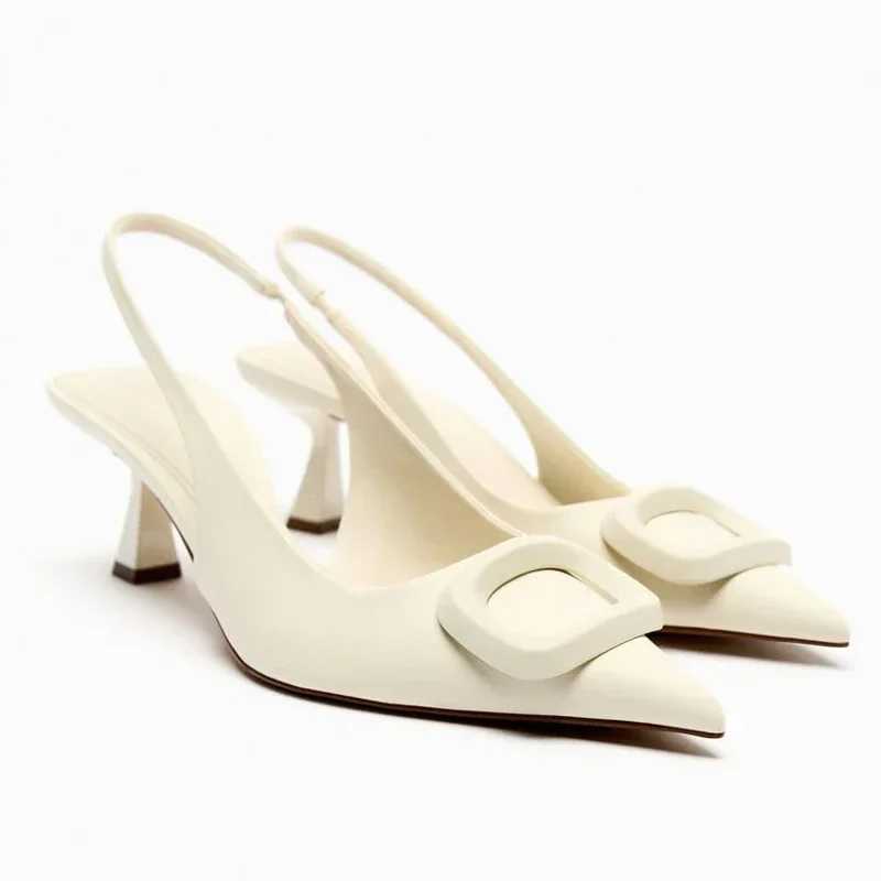 Elegant White Shoes for Wen Fashion Buckle Design 2024 Summer High Heeled Slingback Stiletto Pointed Toe Fem Off Sandals Z250122