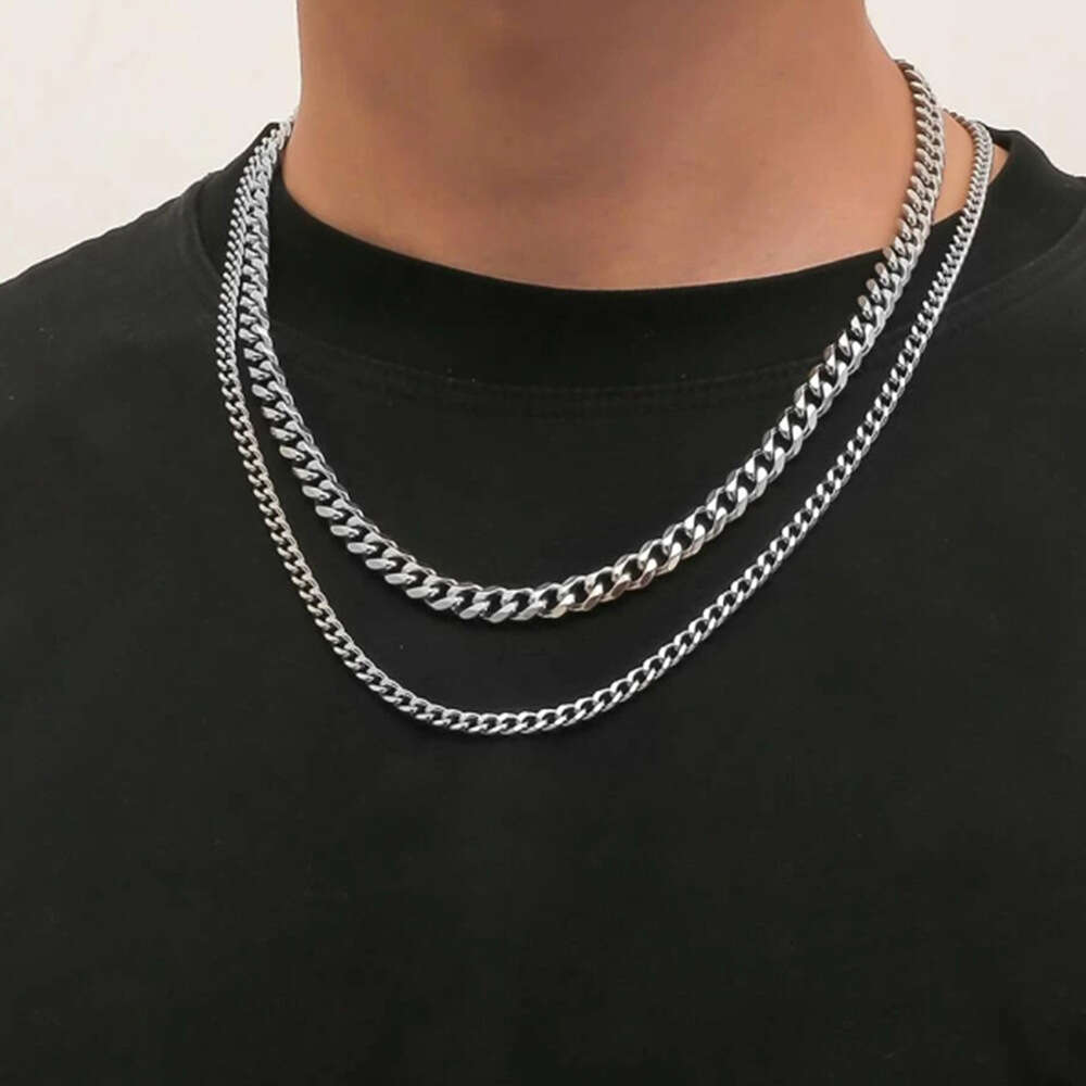 Hot selg six sided polished stainless double-layer necklace, men's hip-hop personality titanium steel long sweater chain accessory