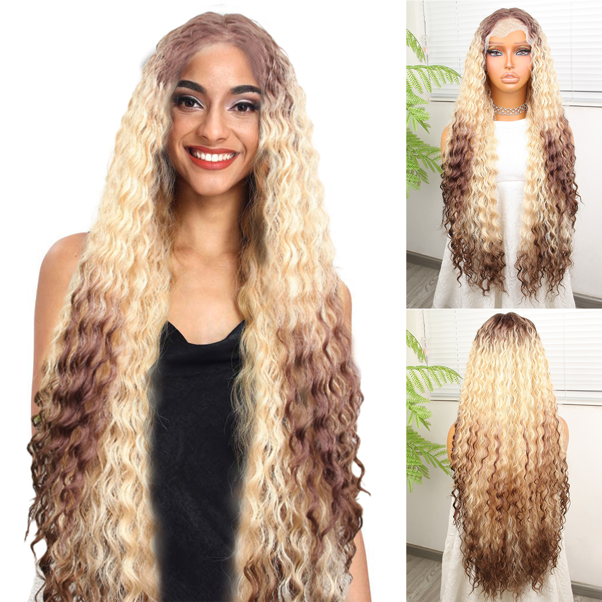 T Lace Front Wig Synthetic Human Hair Wigs glueless preplucked 32Inch Long Natural Deep Wave For Black Women High Quality Dark Root Heat Resistant Fib