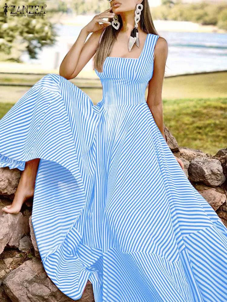 Bohemian Holiday Sun Skirt ZANZEA Summer Elegant Long Skirt Womens Chic Striped Robe Long Sleeve Beach Party Sleeveless Dress 250121