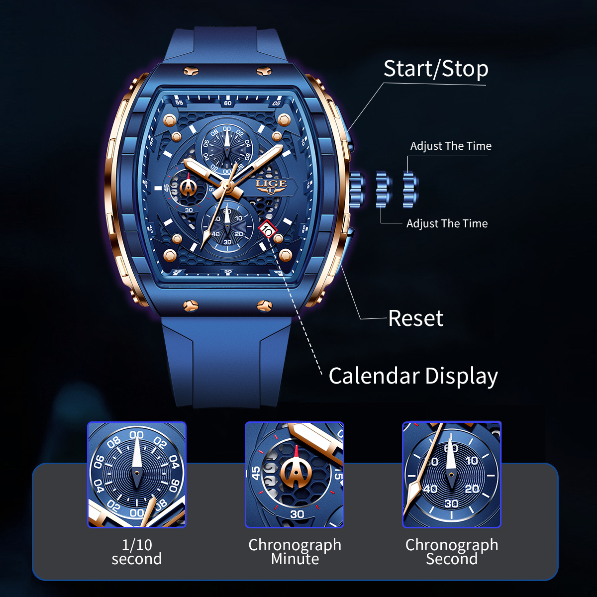 LIGE Top Brand Luxury Square Quartz Watches for Men Fashion Casual Sport 50M Waterproof Man Watch Auto Date Military Chronograph Local warehouse