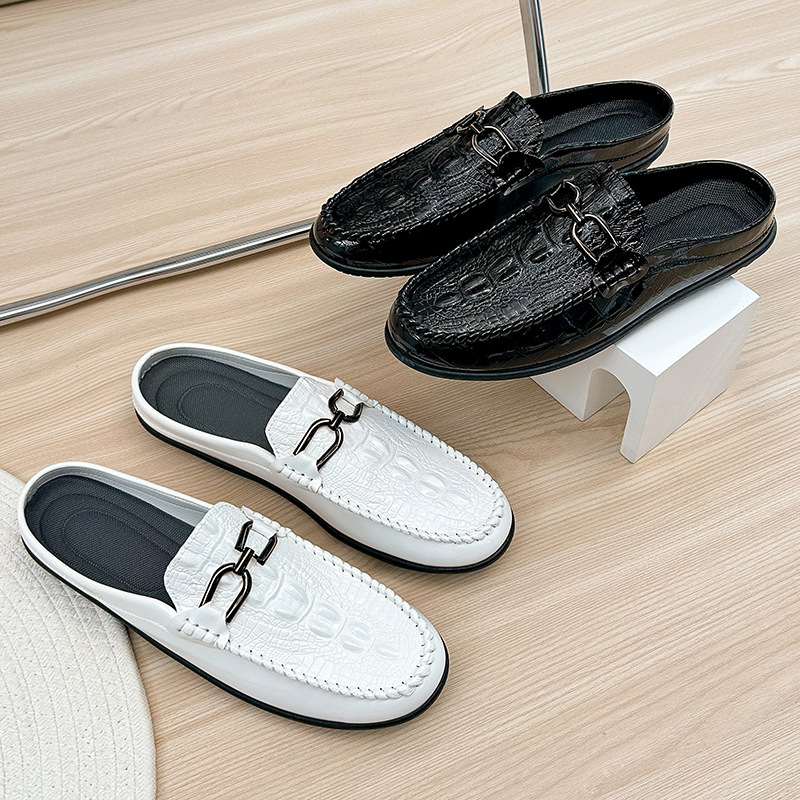Men's summer half-drag peas Leather shoes Lazy slip-on leather shoes heelless breathable casual men's shoes 2025