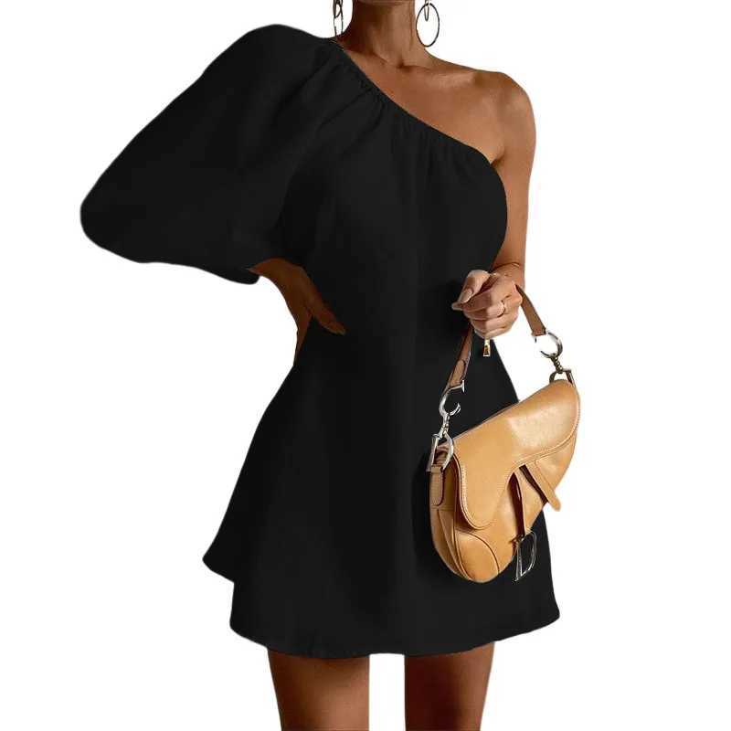 Basic Casual Dresses Spring Womens Fashionable Slim Skew Shoulder Cotton Linen Dresses Elegant White Black Single Shoulder Slve Party Mini Dress H2512